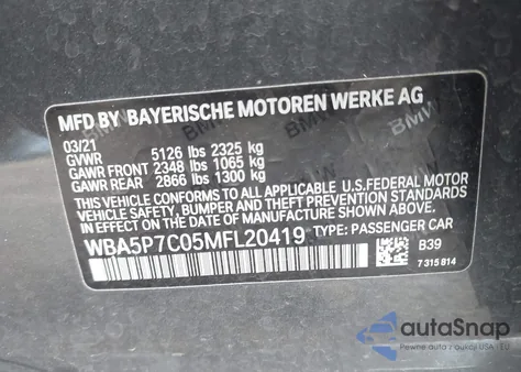 2021 BMW 3 Series 330E из США, поврежденный, VIN WBA5P7C05MFL20419